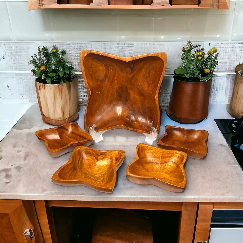 Vintage 1970's Black Walnut Wood Salad Serving Set 5pcs Mid-Century Modern Decor